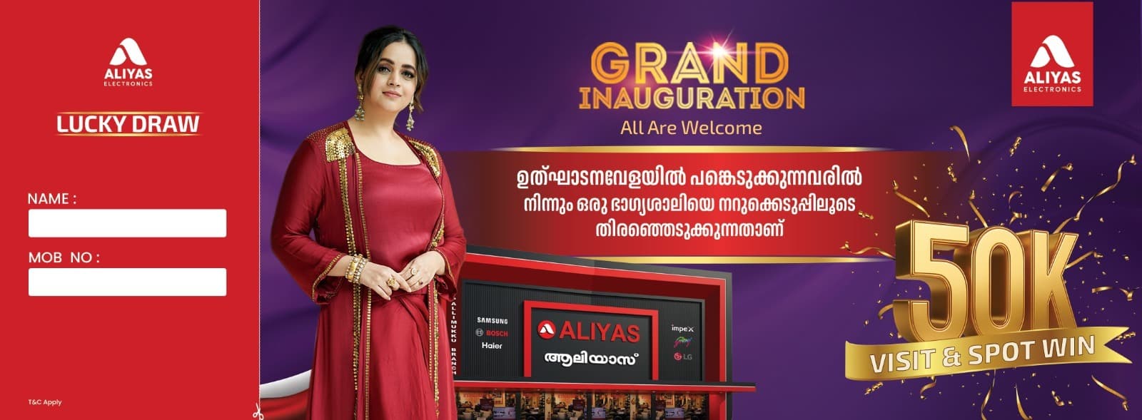 Grand Inauguration banner — Bhavana Menon, ₹50K Visit and Spot Win, Aug 9 Saturday 10:30 AM