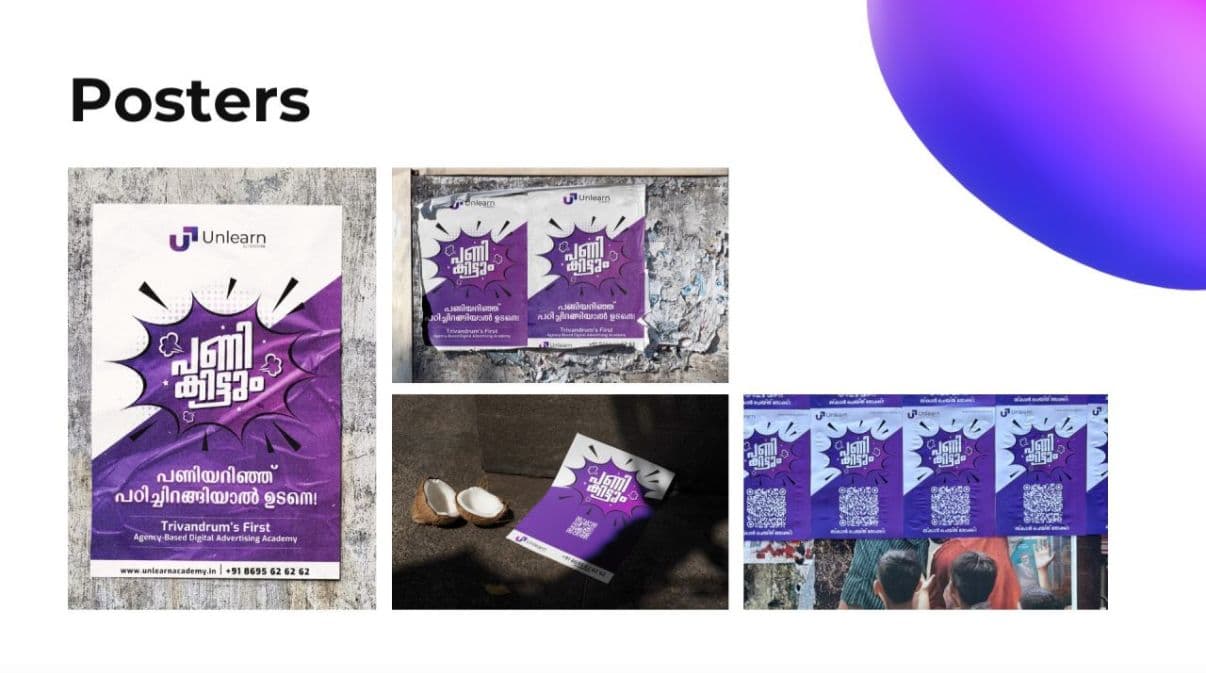 Wall and lamp-post posters with Pani Kittum visual and Trivandrum's First Agency-Based Digital Advertising Academy tagline
